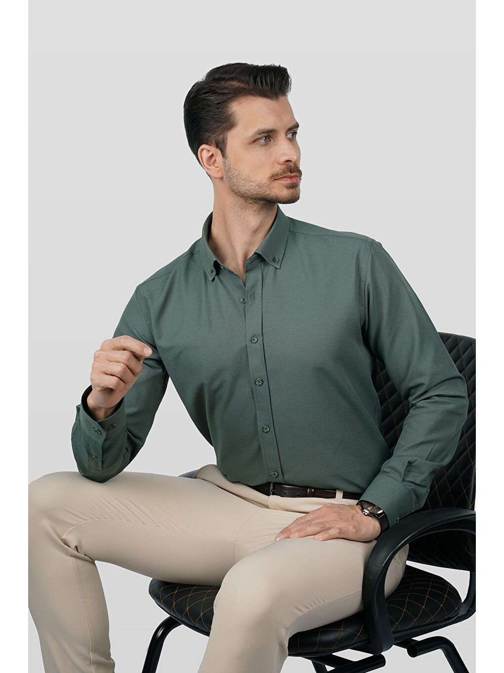 Yeşil Yaka Düğmeli Premium Şamre Slimfit Erkek Gömlek-1