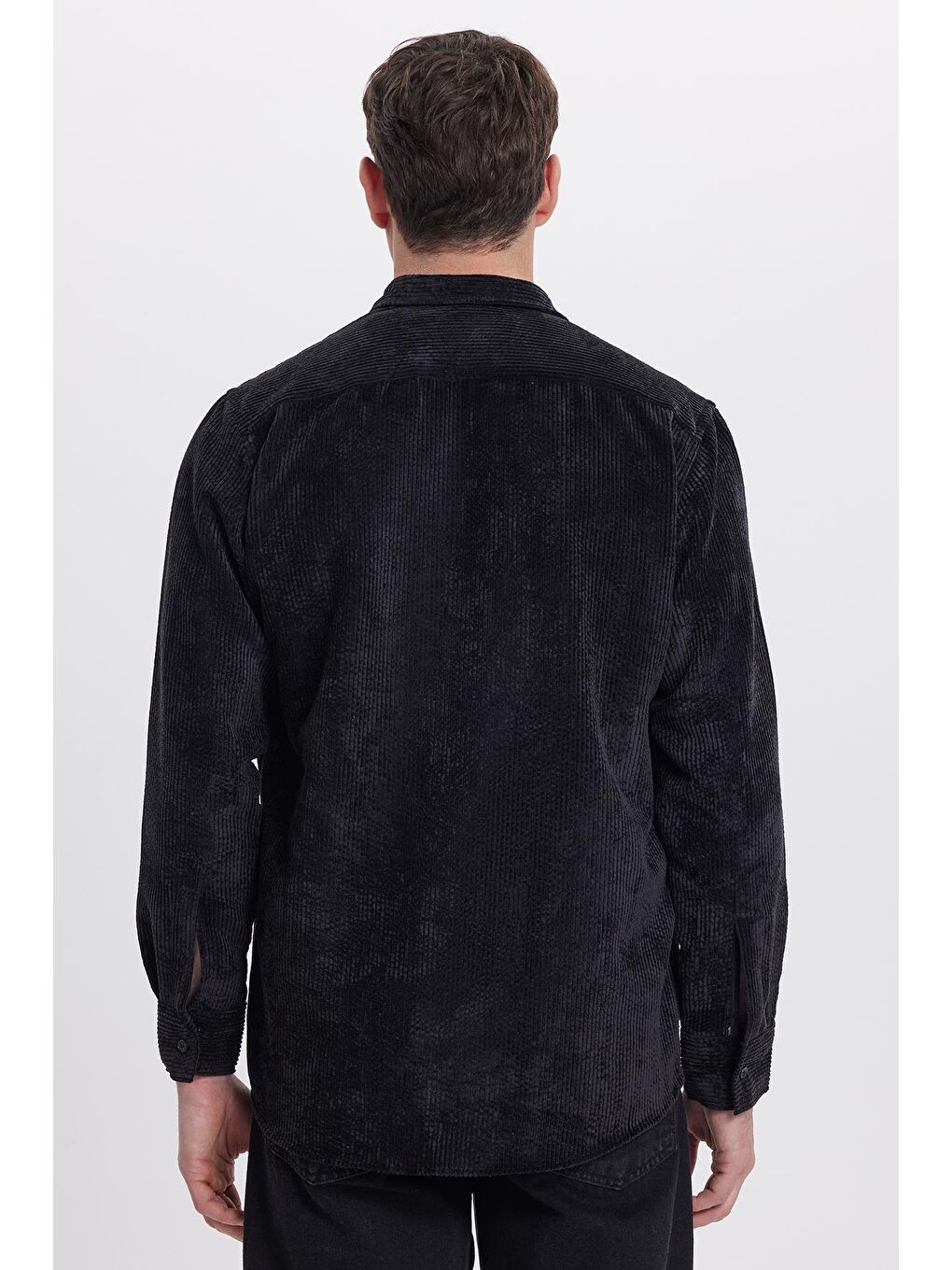 Erkek Regular Fit Rahat Kesim Fitilli Kadife Görünüm Düğmeli Yaka Siyah Ceket Gömlek-6