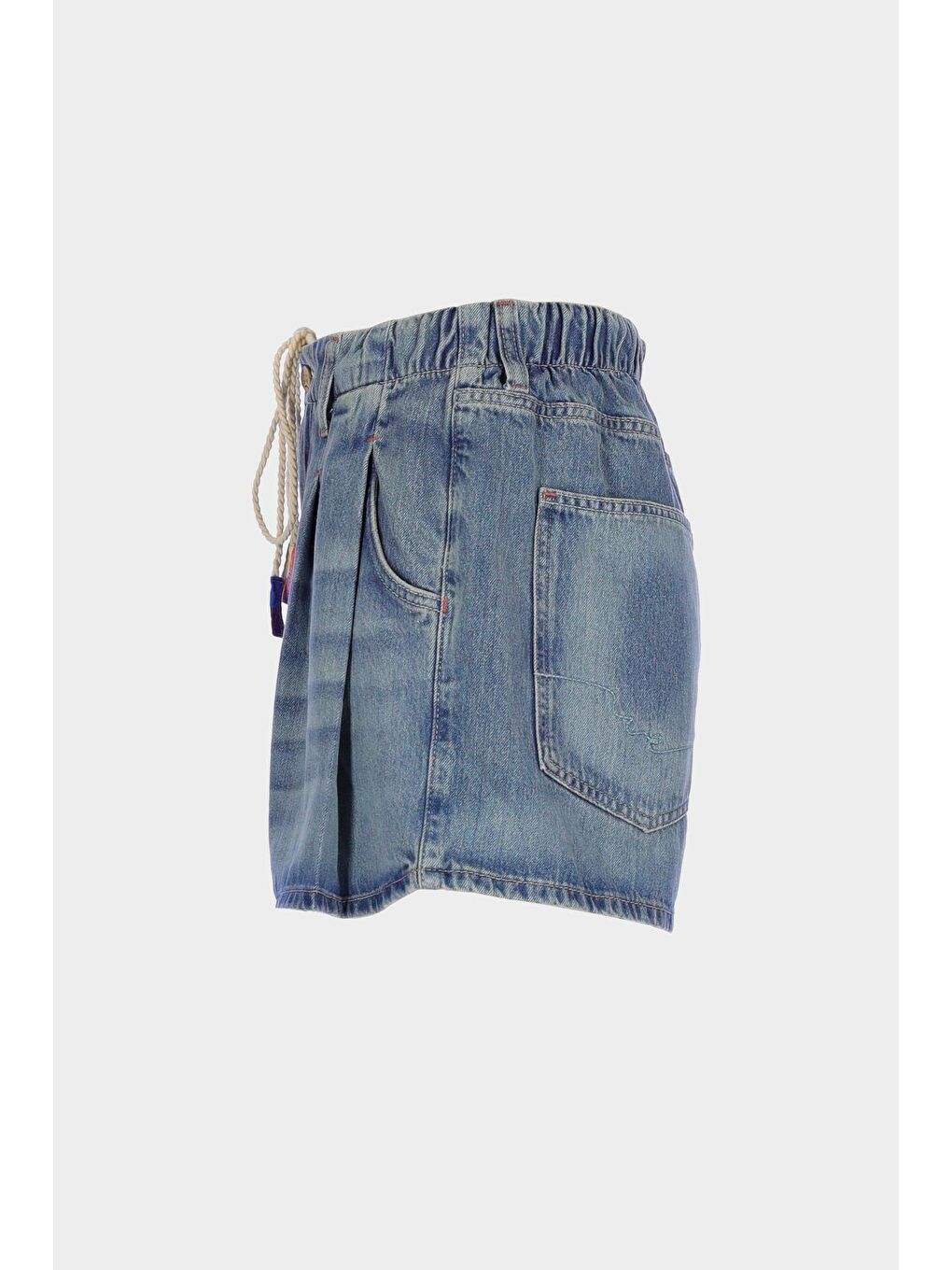 Orta Mavi Yüksek Bel Beli Lastikli Pileli Rahat Kalıp Jean Şort C 4534-111-3