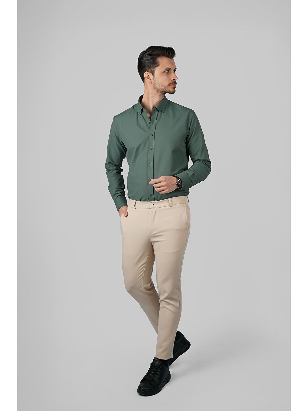 Yeşil Yaka Düğmeli Premium Şamre Slimfit Erkek Gömlek-2