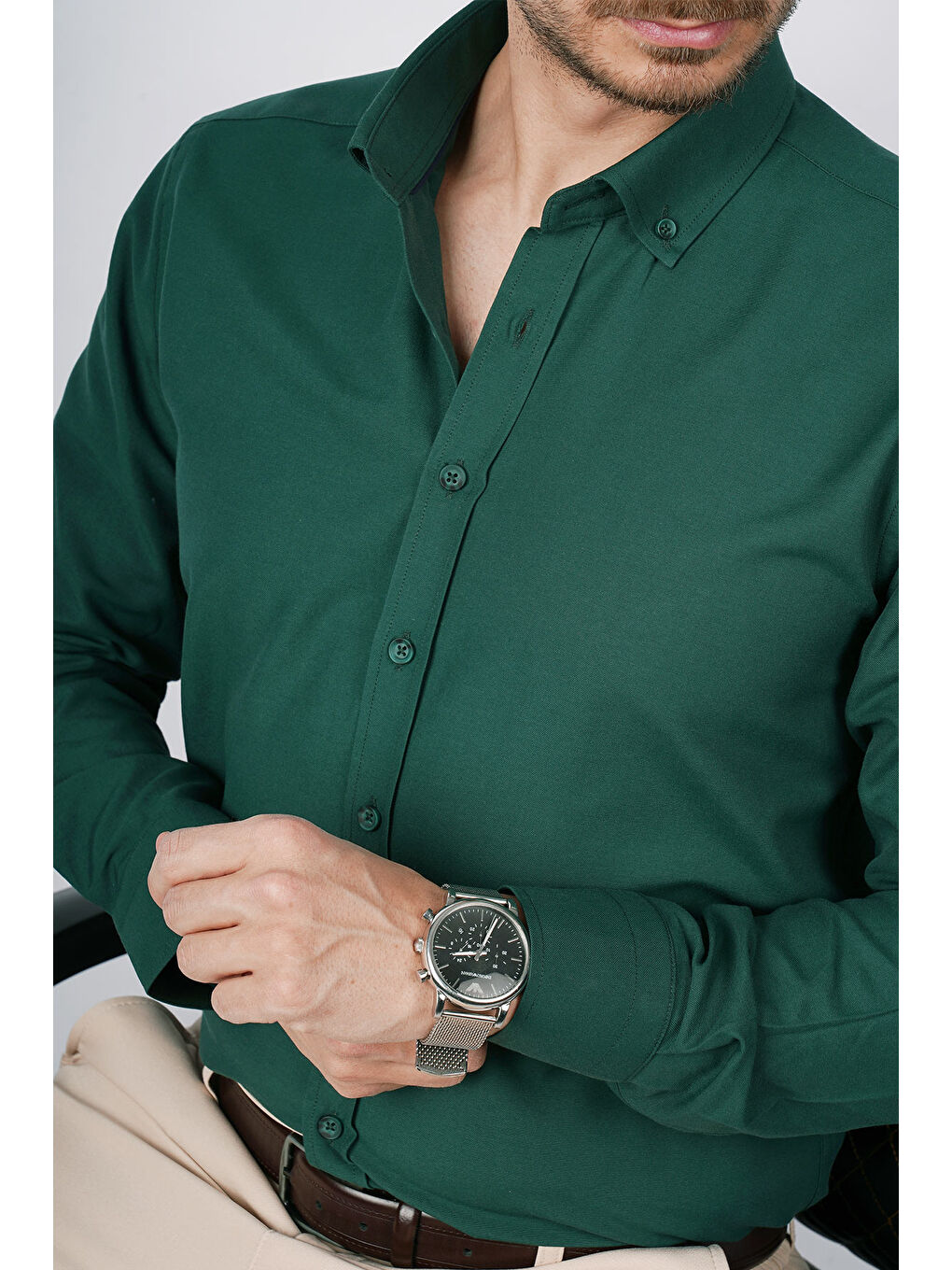 Koyu Yeşil Yaka Düğmeli Premium Şamre Slimfit Erkek Gömlek