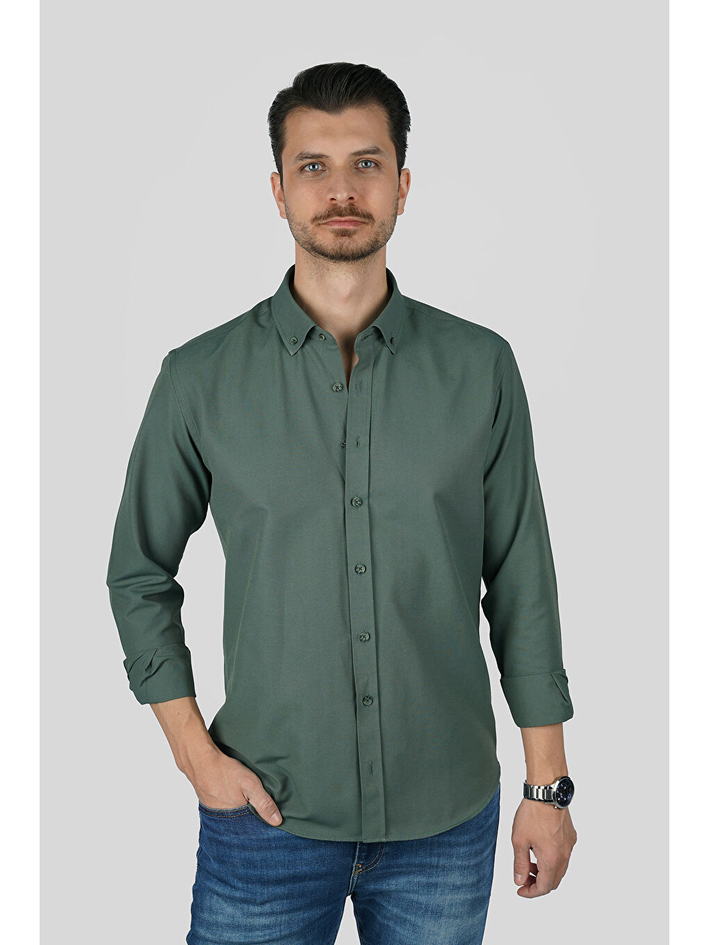 Yeşil Yaka Düğmeli Premium Şamre Slimfit Erkek Gömlek-4