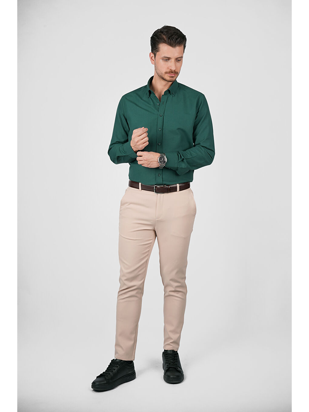 Koyu Yeşil Yaka Düğmeli Premium Şamre Slimfit Erkek Gömlek-1