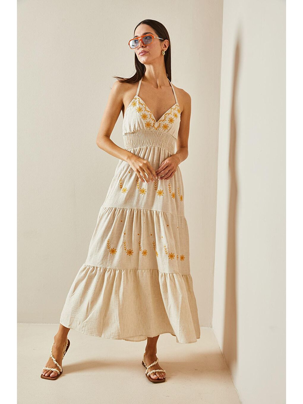 Bej Gipeli İnce Askılı Keten Elbise 5YXK6-48796-25-3