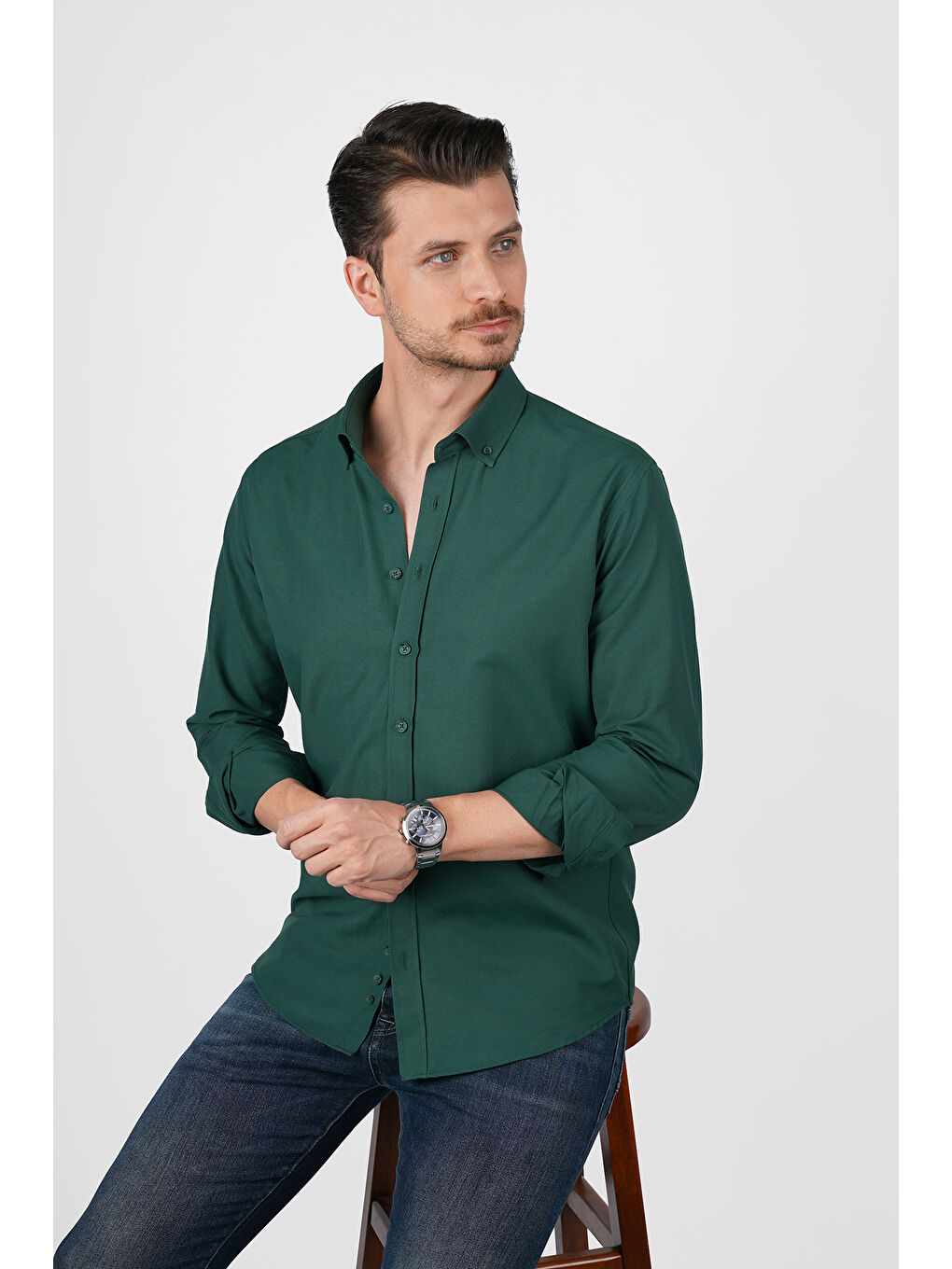 Koyu Yeşil Yaka Düğmeli Premium Şamre Slimfit Erkek Gömlek-3