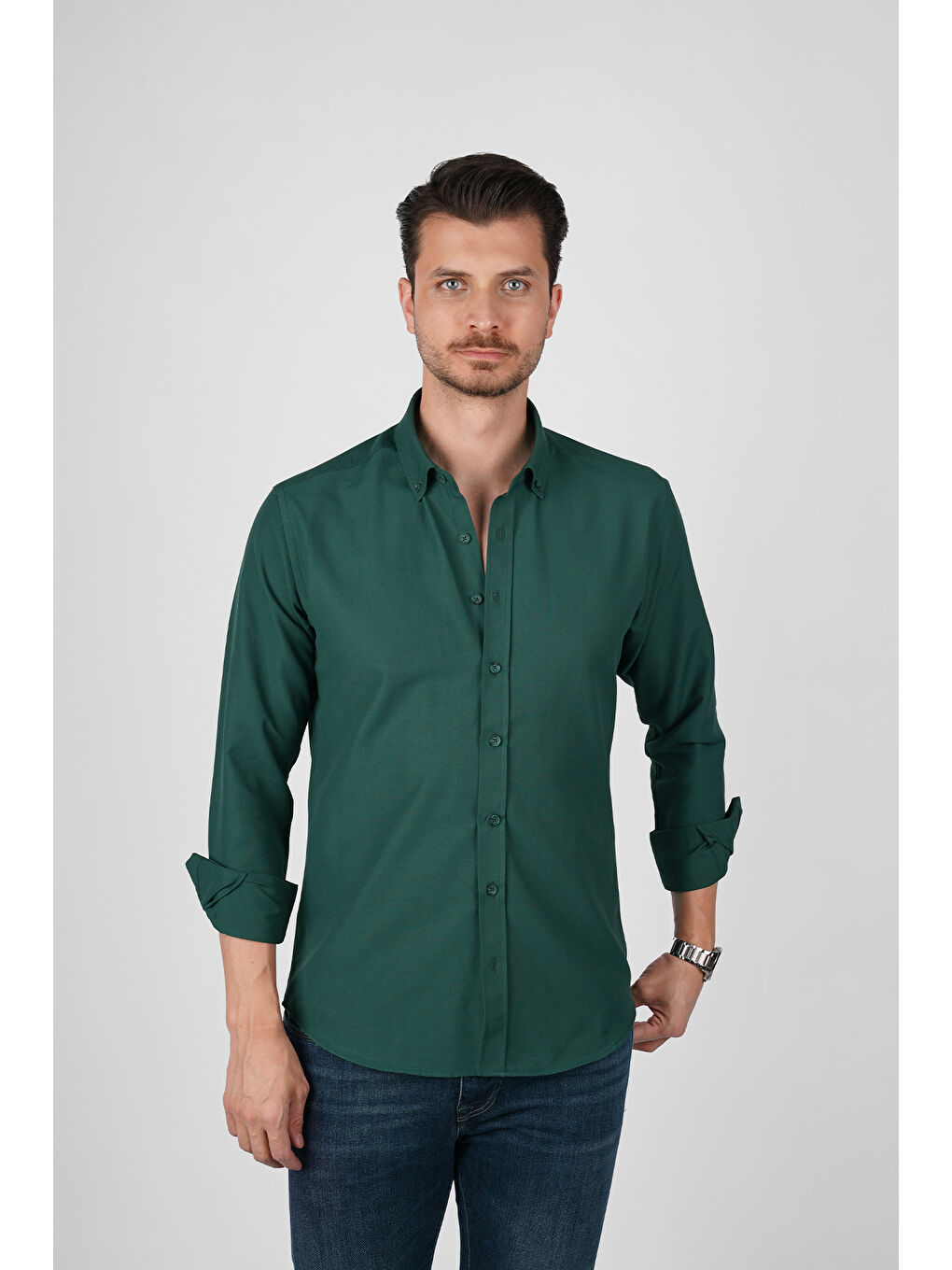 Koyu Yeşil Yaka Düğmeli Premium Şamre Slimfit Erkek Gömlek-4