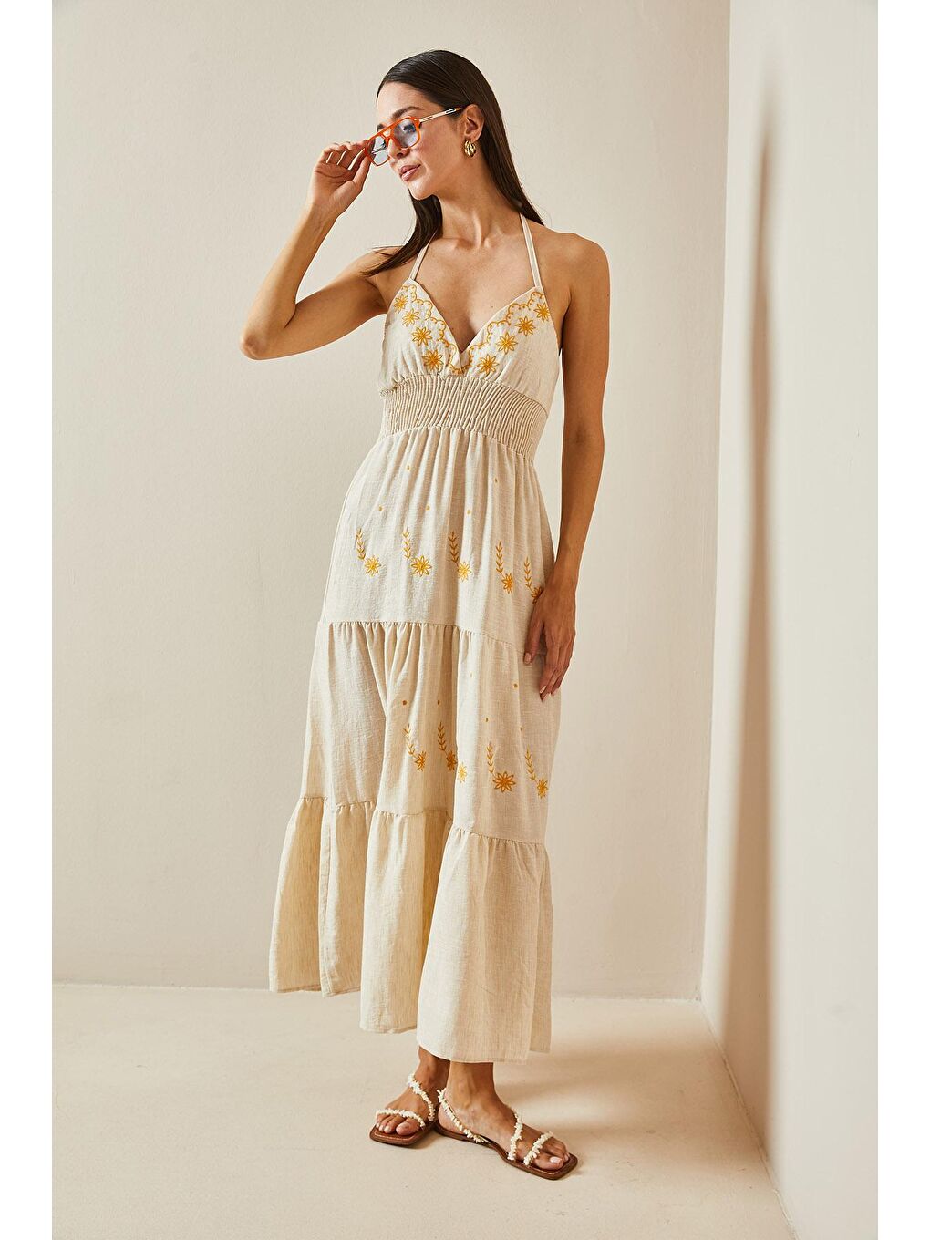 Bej Gipeli İnce Askılı Keten Elbise 5YXK6-48796-25-4