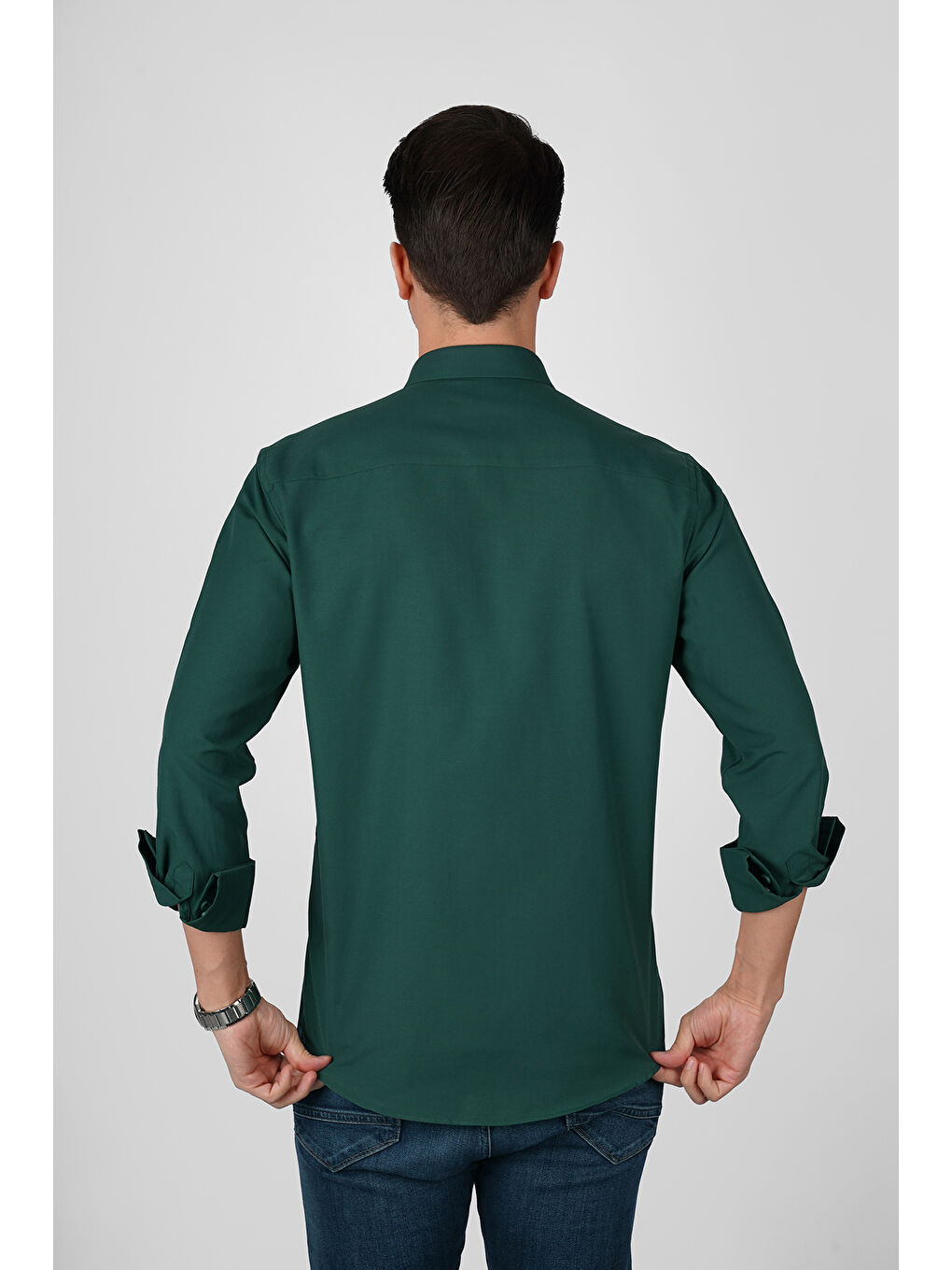 Koyu Yeşil Yaka Düğmeli Premium Şamre Slimfit Erkek Gömlek-5