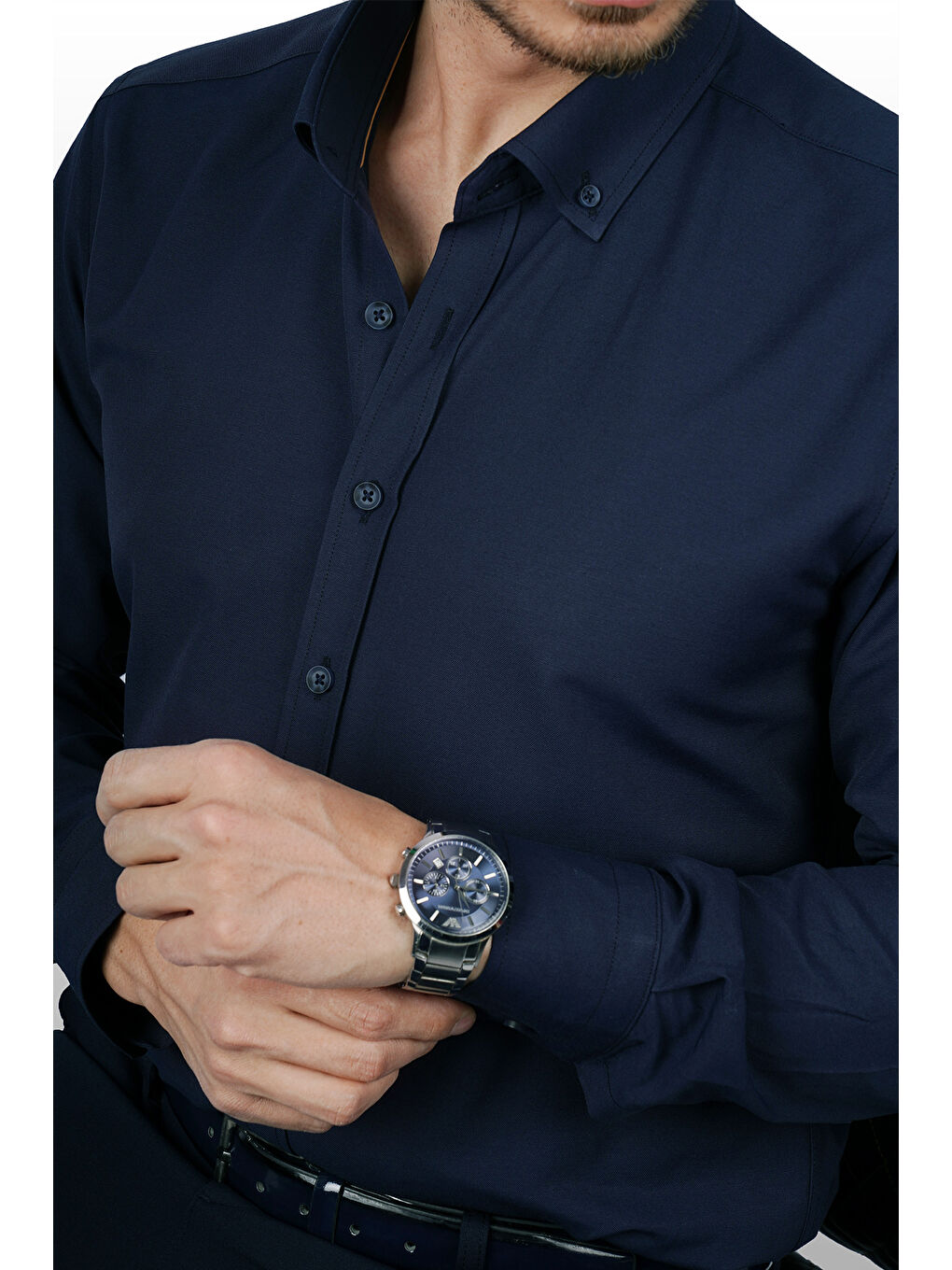 Lacivert Yaka Düğmeli Premium Şamre Slimfit Erkek Gömlek