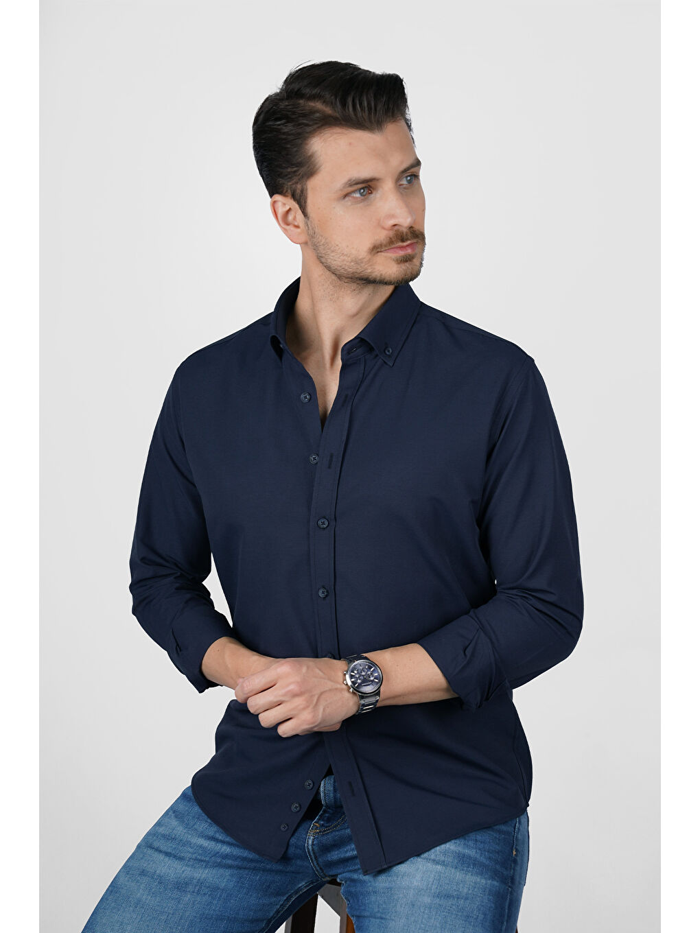 Lacivert Yaka Düğmeli Premium Şamre Slimfit Erkek Gömlek-1