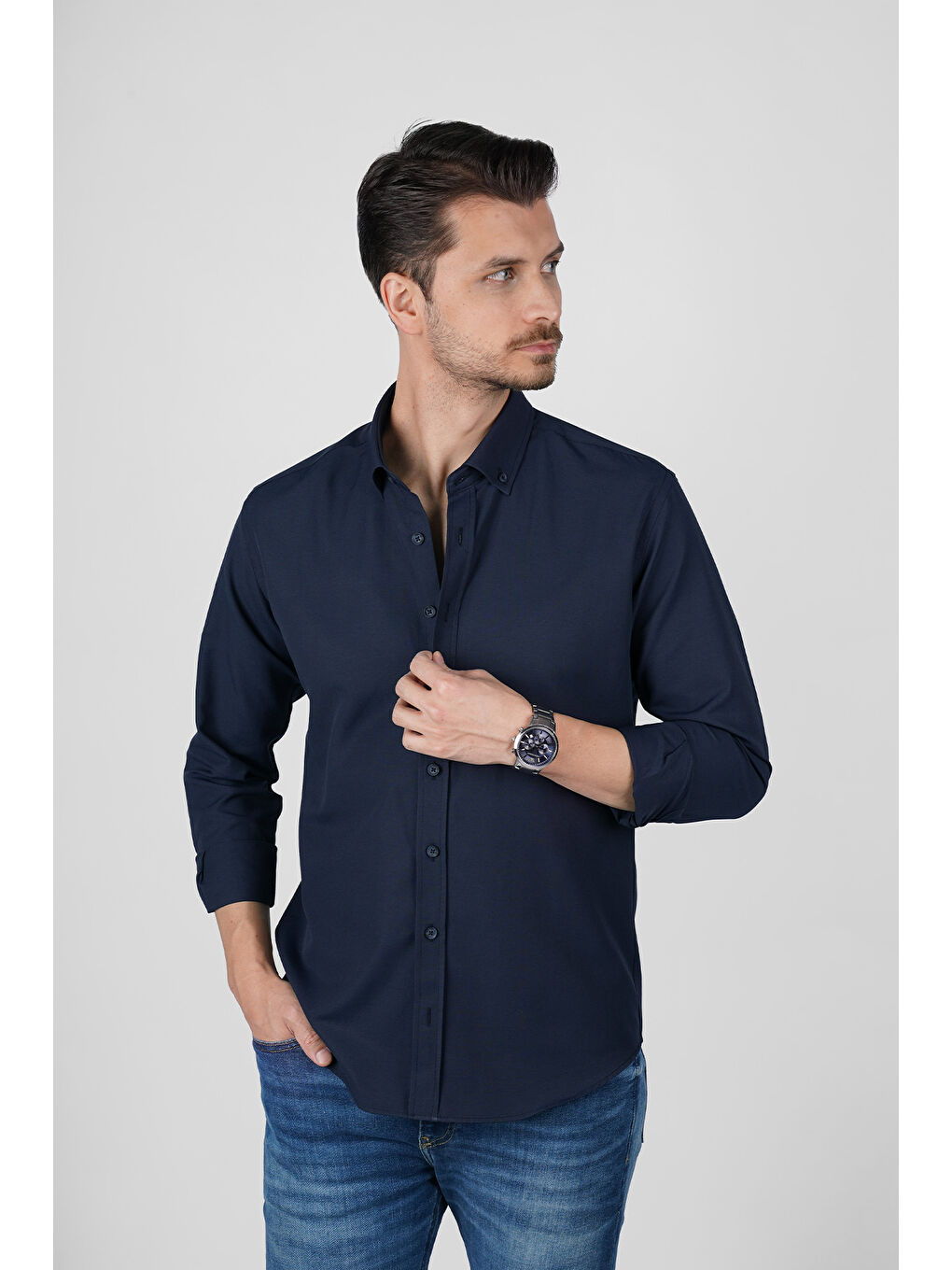 Lacivert Yaka Düğmeli Premium Şamre Slimfit Erkek Gömlek-2