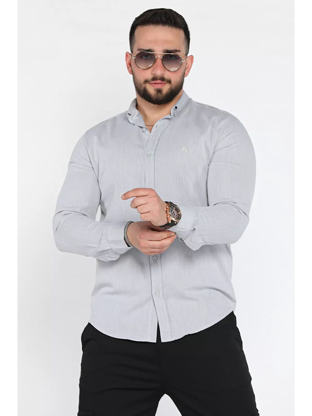 Gri Erkek Cepsiz Uzun Kol Gömlek