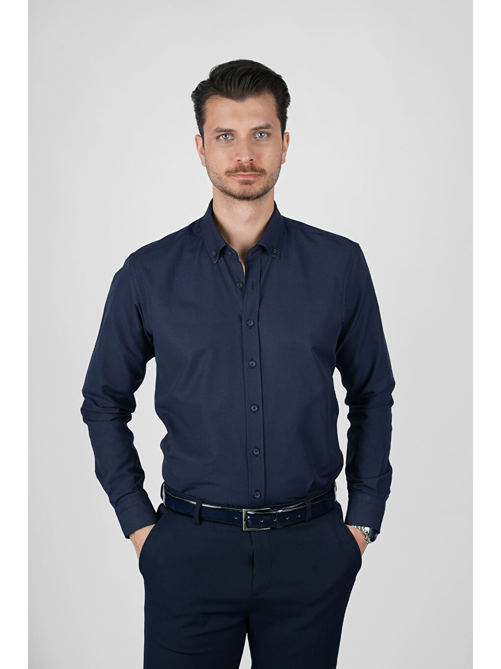 Lacivert Yaka Düğmeli Premium Şamre Slimfit Erkek Gömlek-3