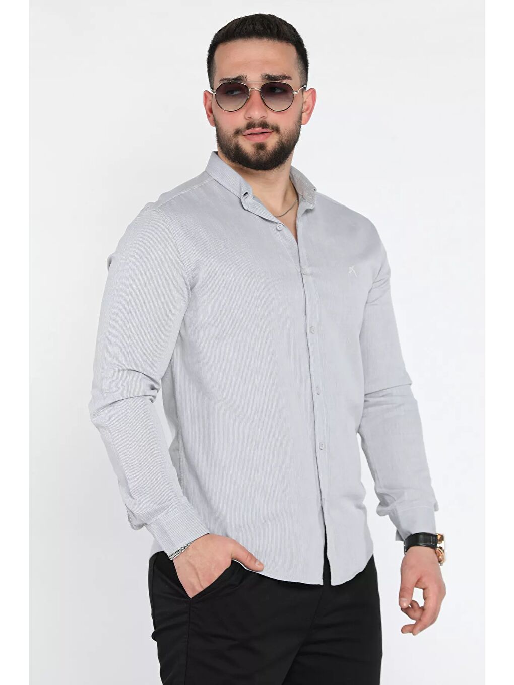 Gri Erkek Cepsiz Uzun Kol Gömlek-1