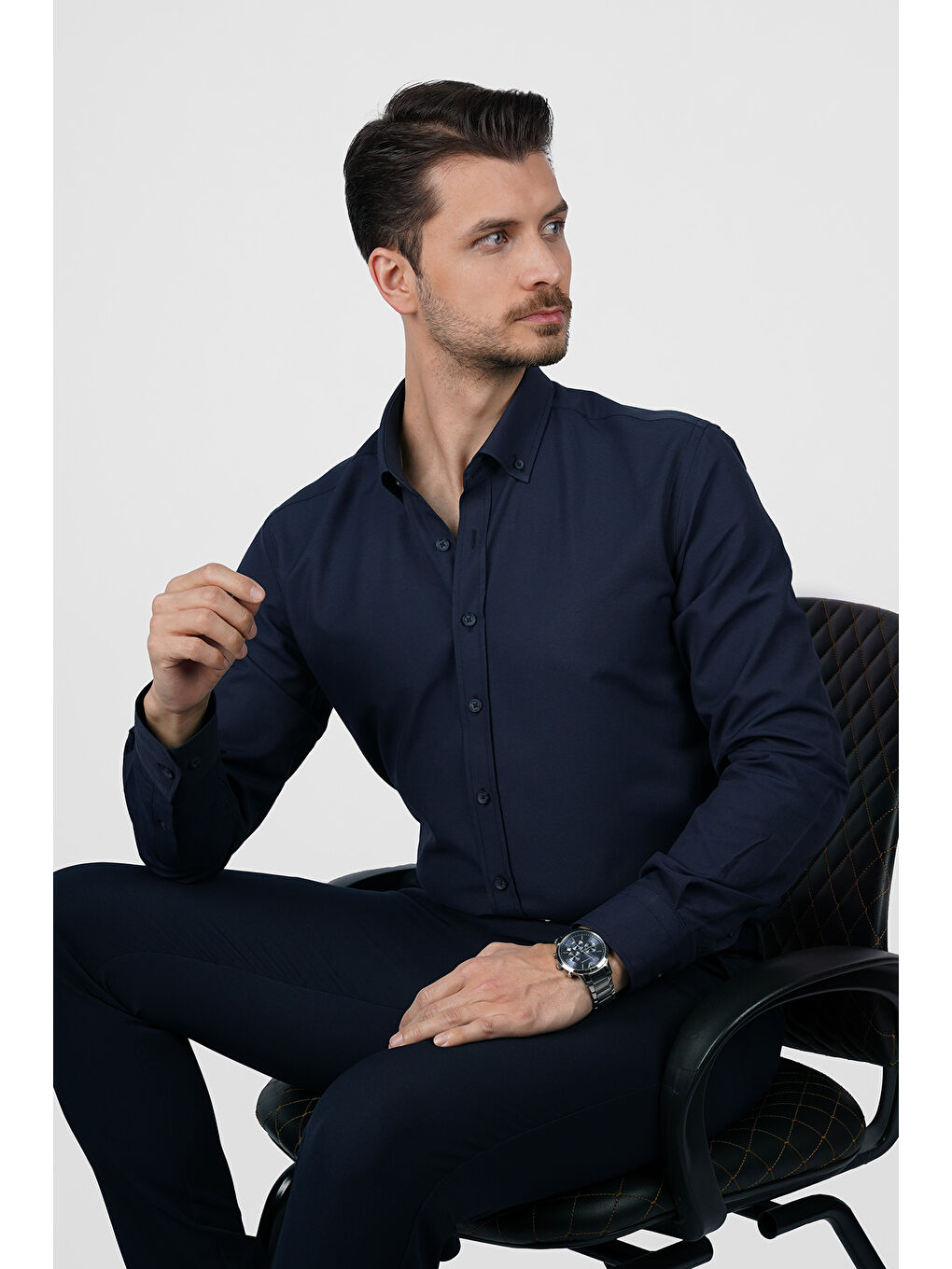 Lacivert Yaka Düğmeli Premium Şamre Slimfit Erkek Gömlek-6