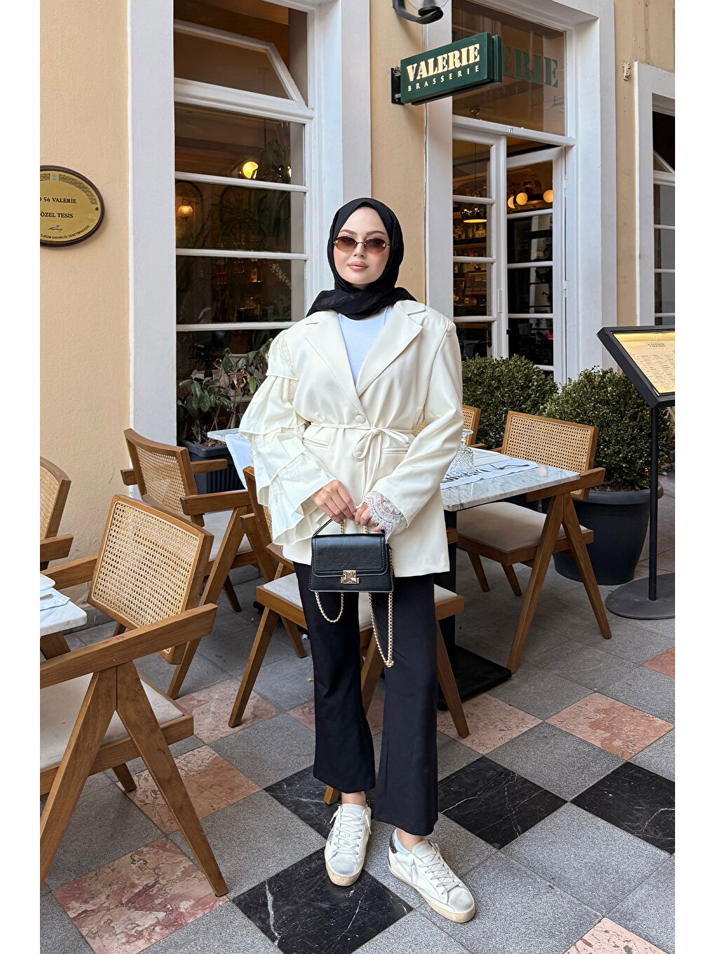 Ekru Kadın Kol Dantelli Ceket Krem-1