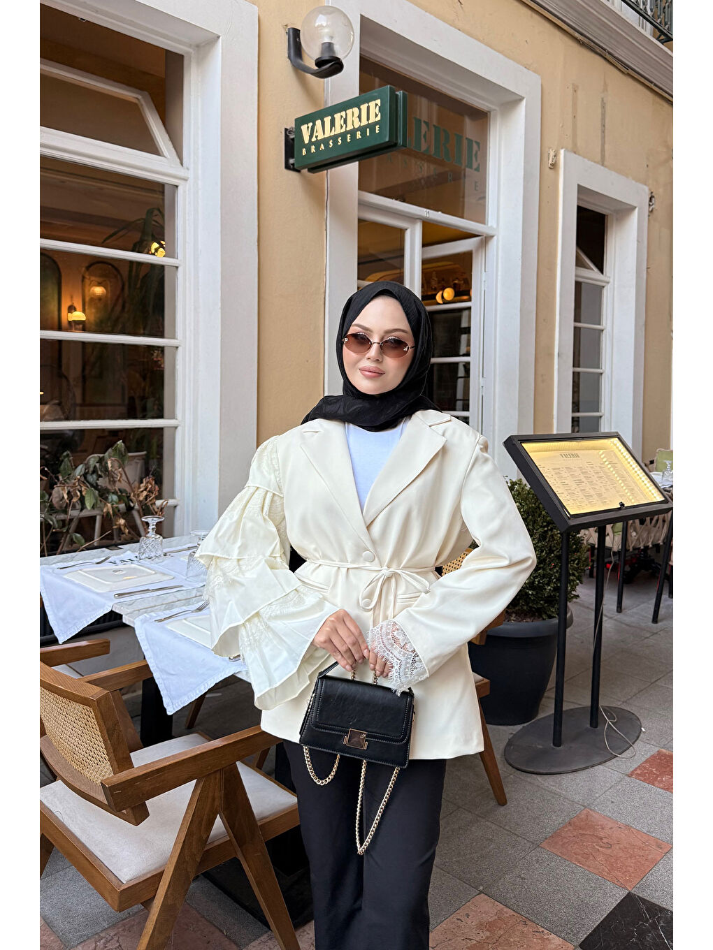 Ekru Kadın Kol Dantelli Ceket Krem-2