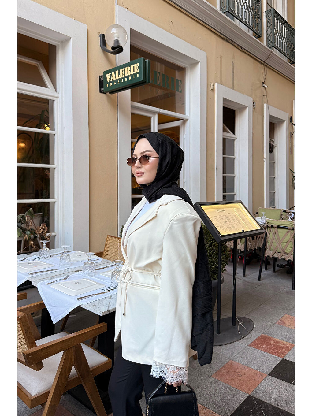 Ekru Kadın Kol Dantelli Ceket Krem-4