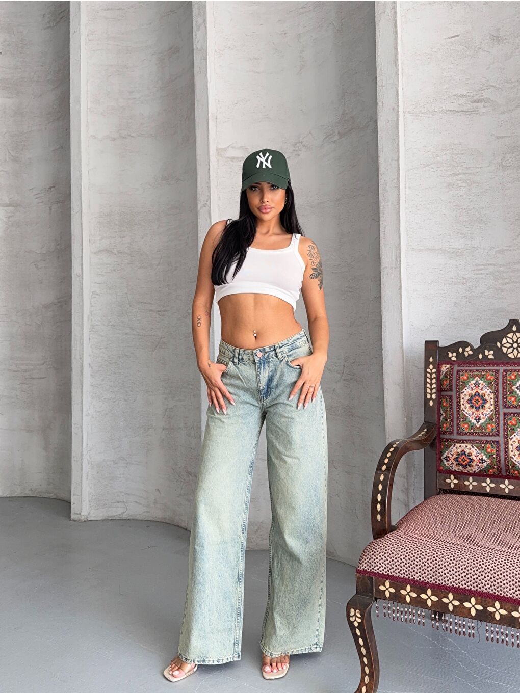 Yüksek Bel Açık Mavi Wide Leg Jean Pantolon-1