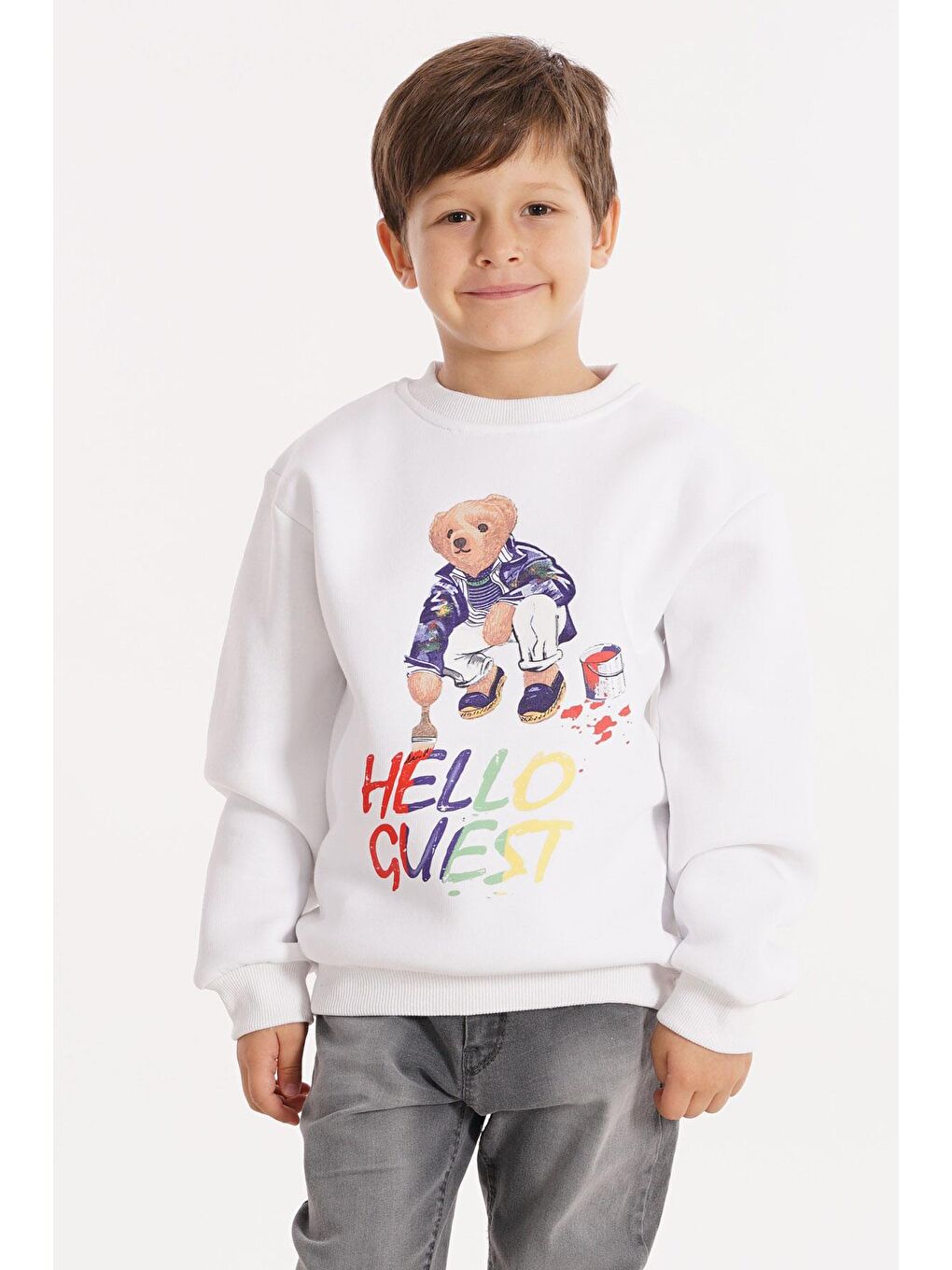 Hello Guest Baskılı Beyaz Renk Erkek Çocuk Sweat
