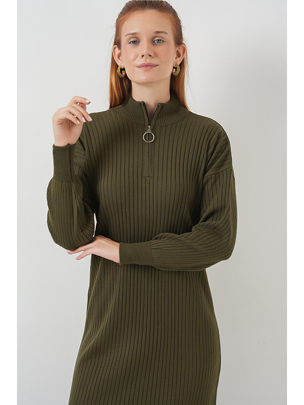 15839 Boydan Triko Elbise - Haki-1