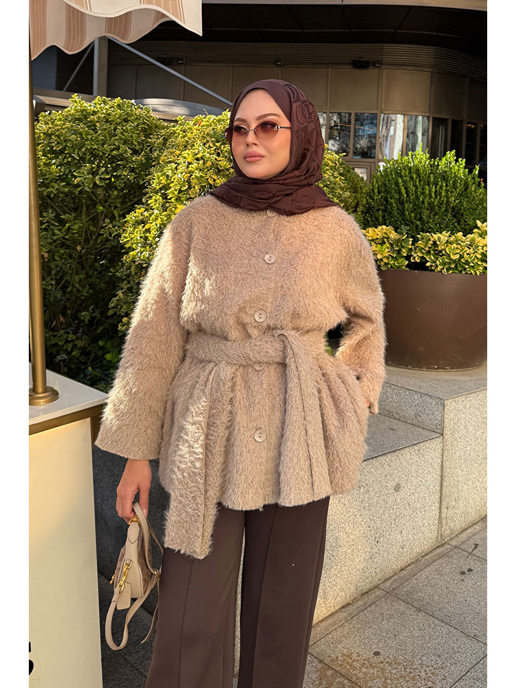 Bej Kadın Kuşak Detaylı Hırka Vizon-3