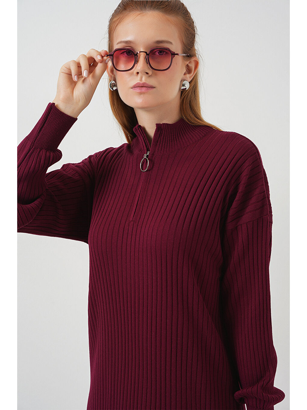 15839 Boydan Triko Elbise - Y.Bordo-1