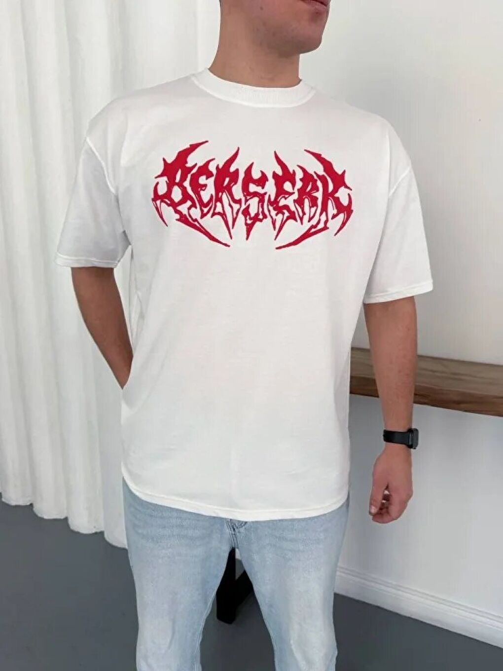 Beyaz Erkek Baskılı Tişört-1