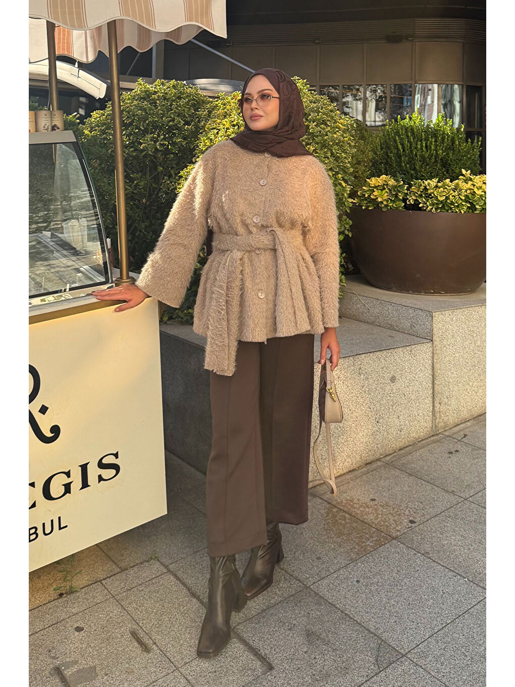 Bej Kadın Kuşak Detaylı Hırka Vizon-4