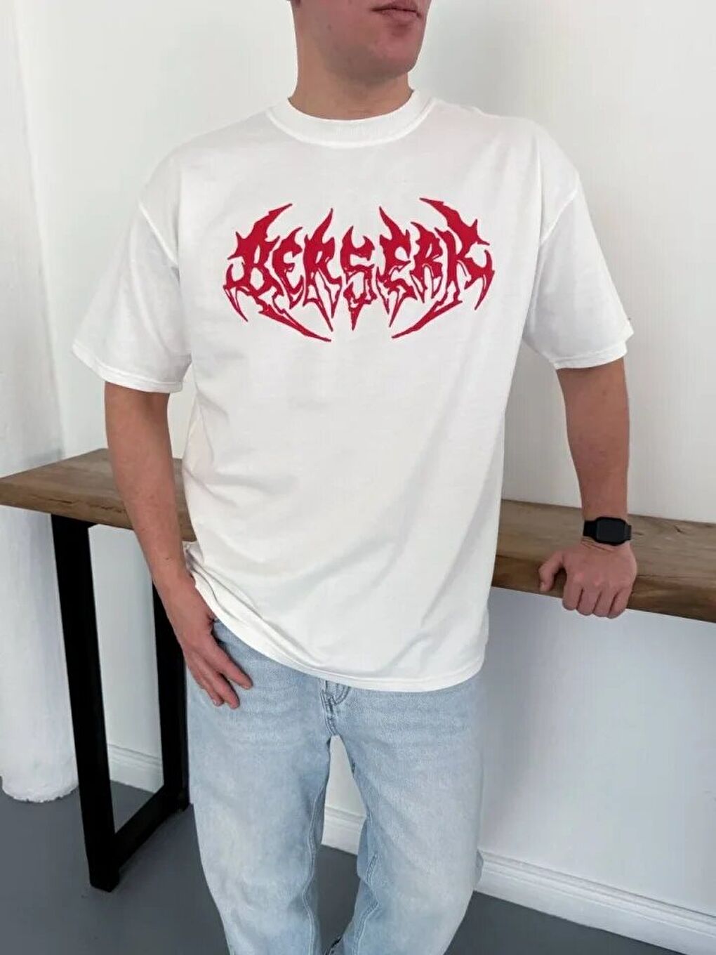 Beyaz Erkek Baskılı Tişört-2