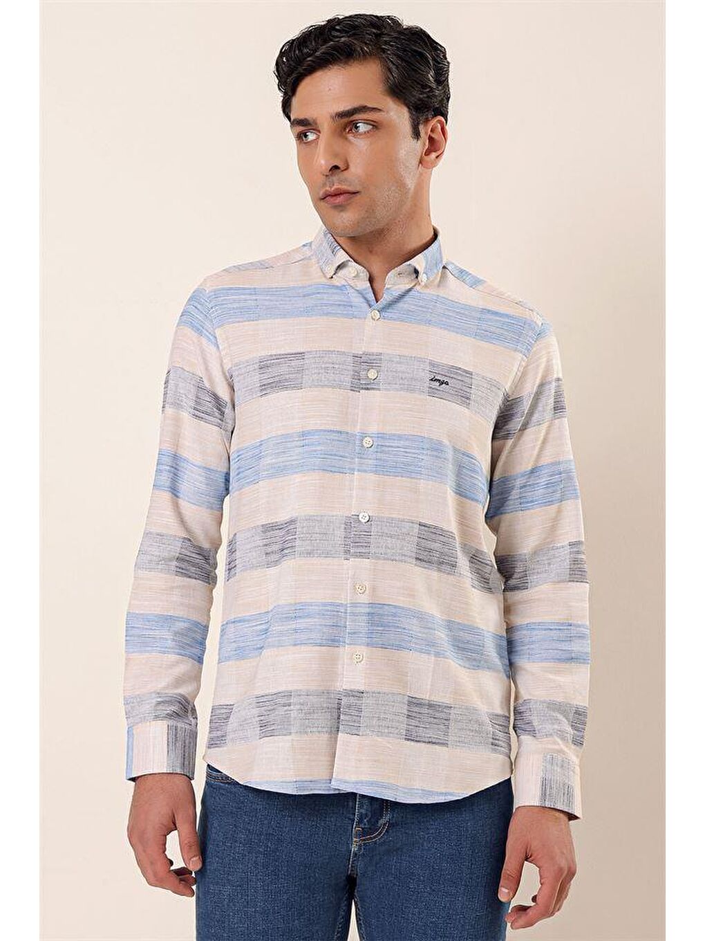 Koyu Bej Uzun Kollu Kareli Cepsiz %100 Pamuk Klasik Slim Fit Dar Kesim Gömlek 1004230171