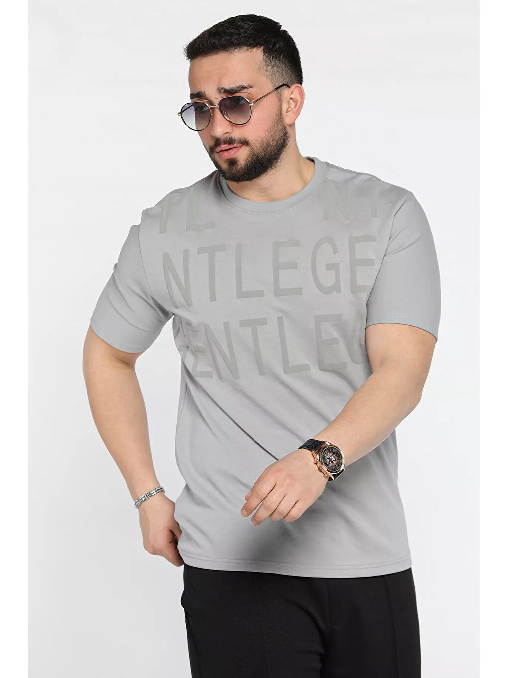 Gri Erkek Bisiklet Yaka Harf Baskılı Tişört-1