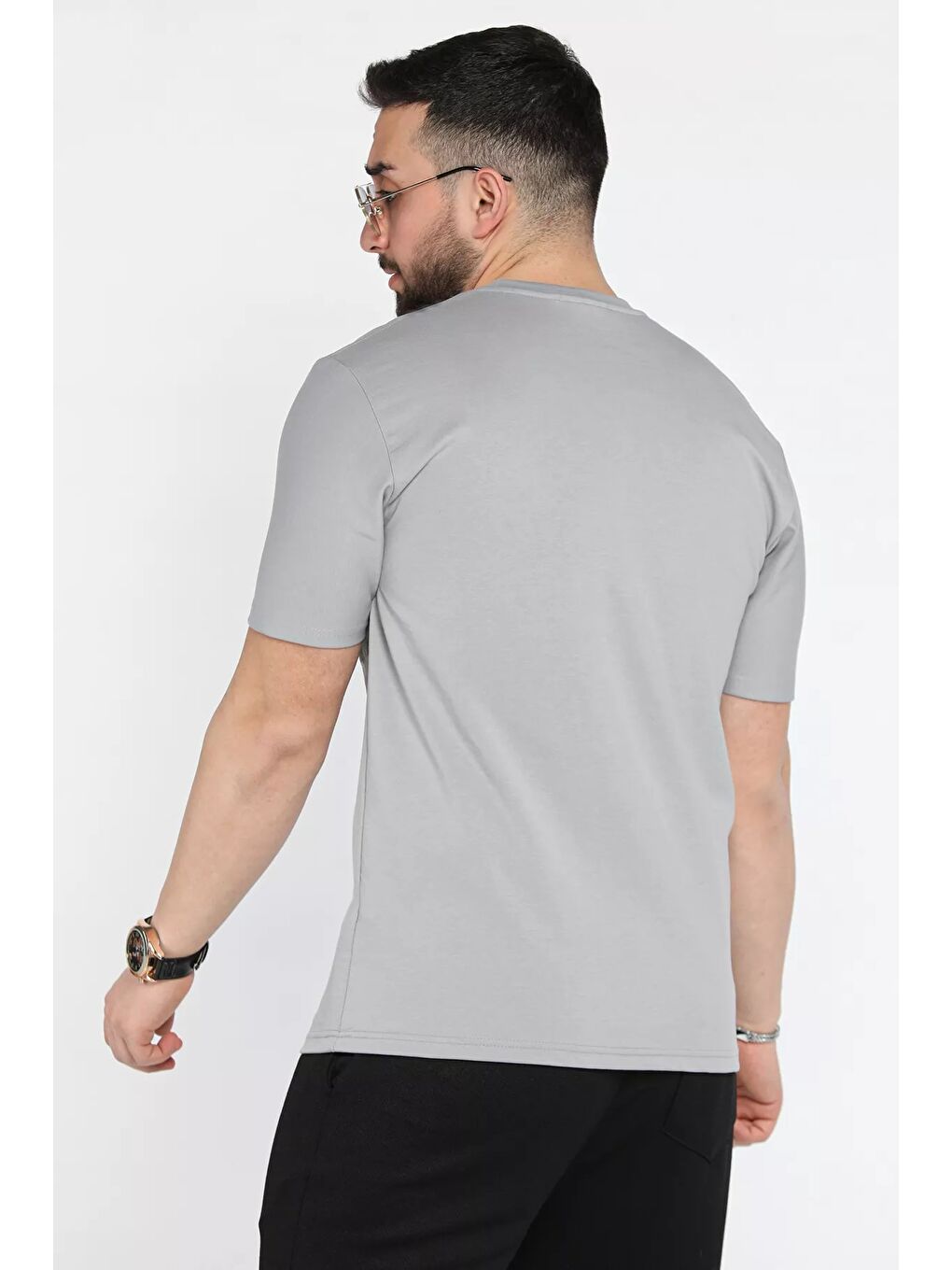Gri Erkek Bisiklet Yaka Harf Baskılı Tişört-2