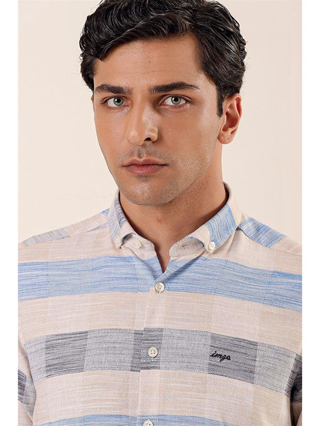 Koyu Bej Uzun Kollu Kareli Cepsiz %100 Pamuk Klasik Slim Fit Dar Kesim Gömlek 1004230171-3