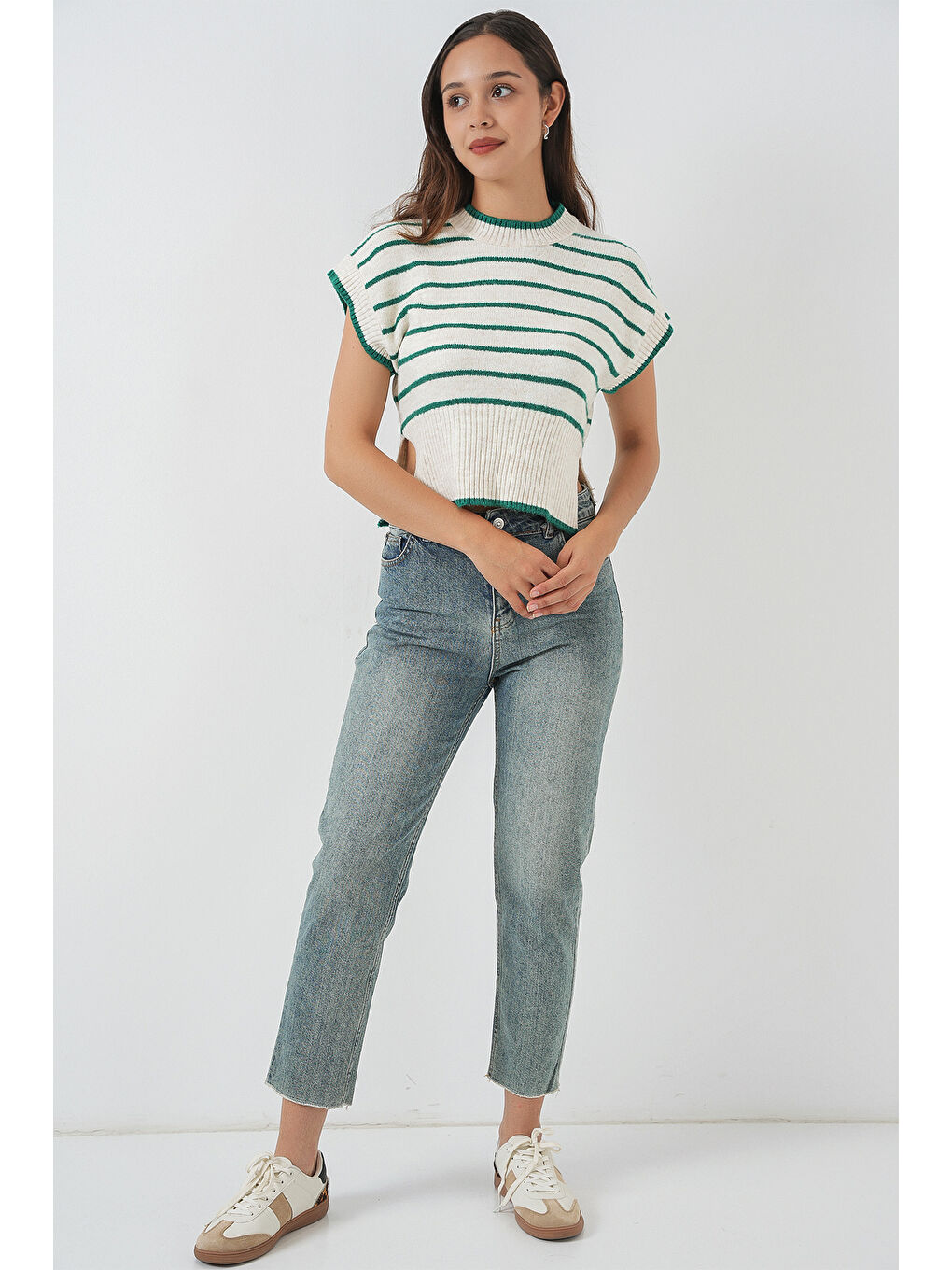 Kadın Çizgili Triko Süveter 15926 - Zümrüt Yeşili-1