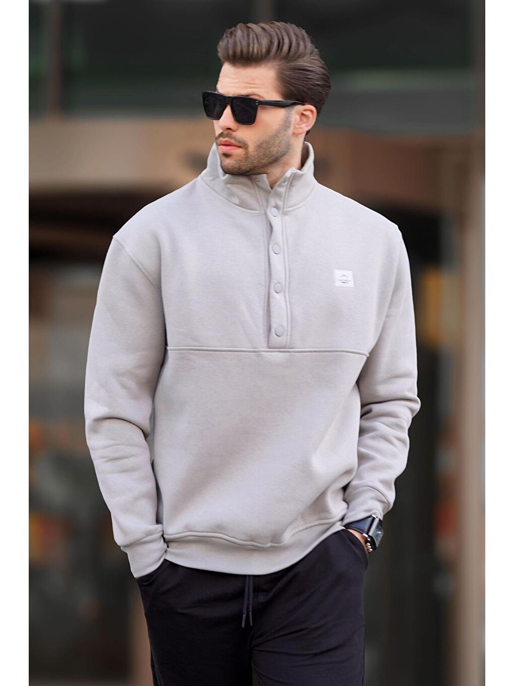 Boyalı Gri Dik Yakalı Düğme Detaylı Erkek Sweatshirt 7060