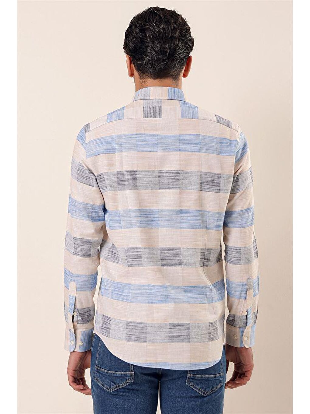 Koyu Bej Uzun Kollu Kareli Cepsiz %100 Pamuk Klasik Slim Fit Dar Kesim Gömlek 1004230171-4