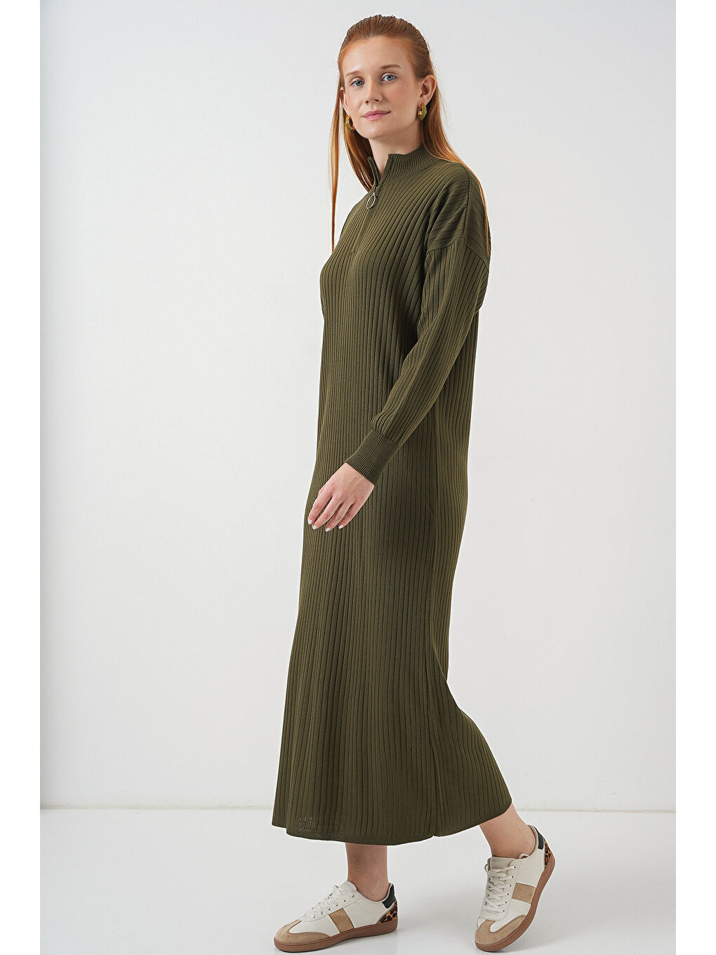 15839 Boydan Triko Elbise - Haki-2