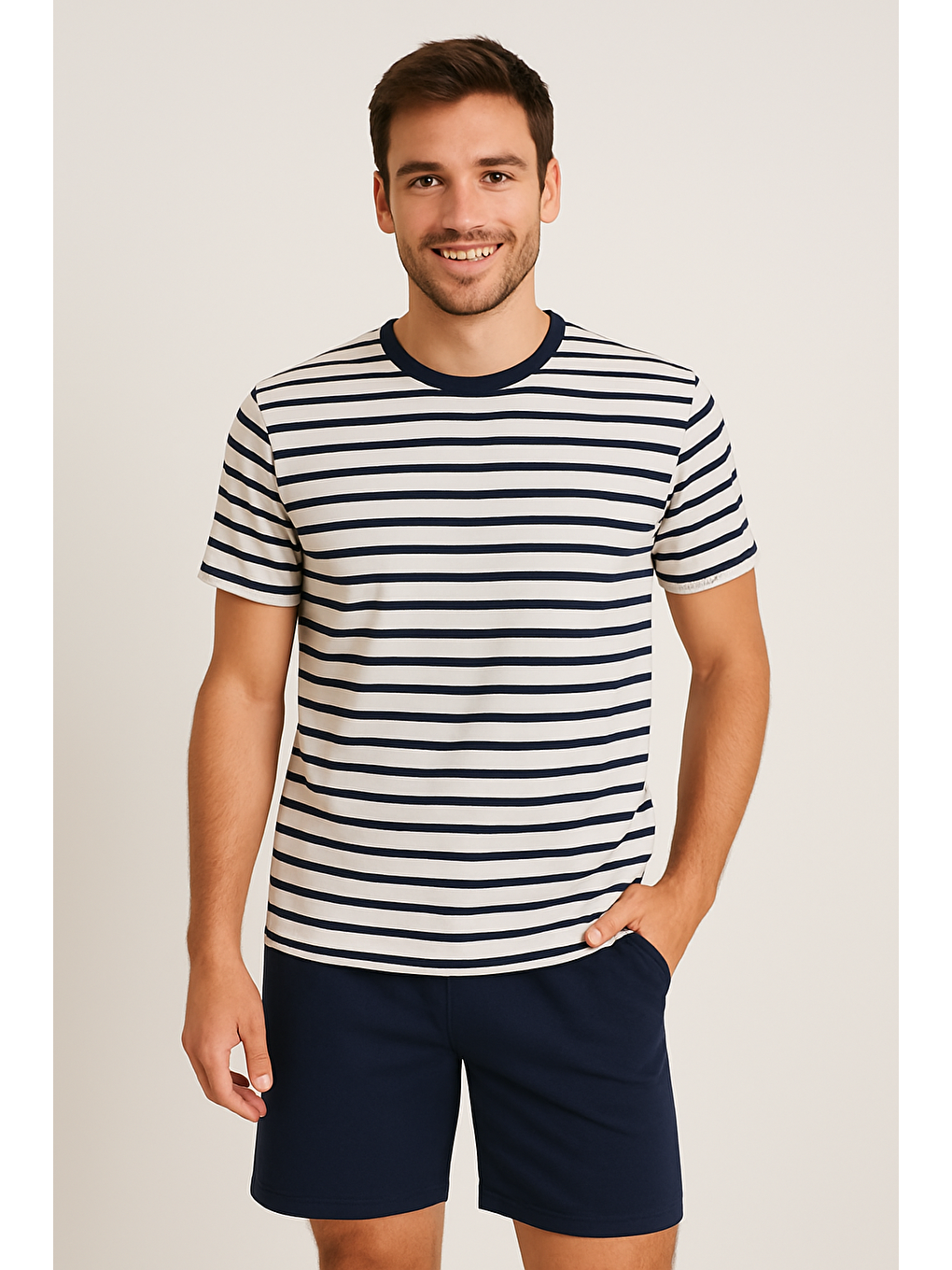 Erkek Pamuklu Lacivert Çizgili Şort Takım