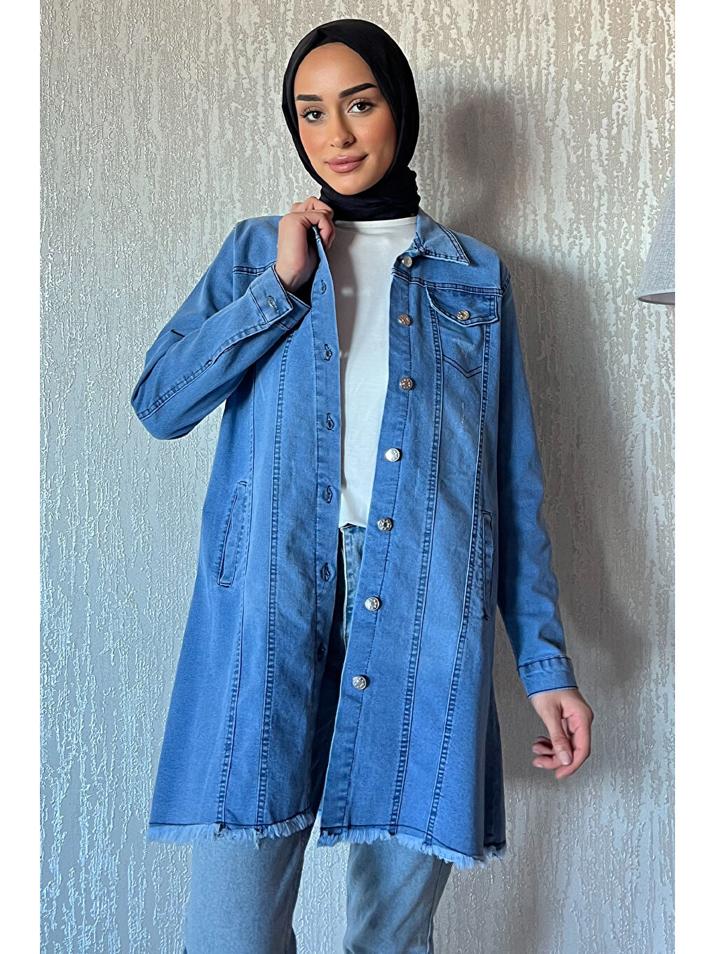 Mavi Püsküllü Büyük Beden Tesettür Jean Ceket-1