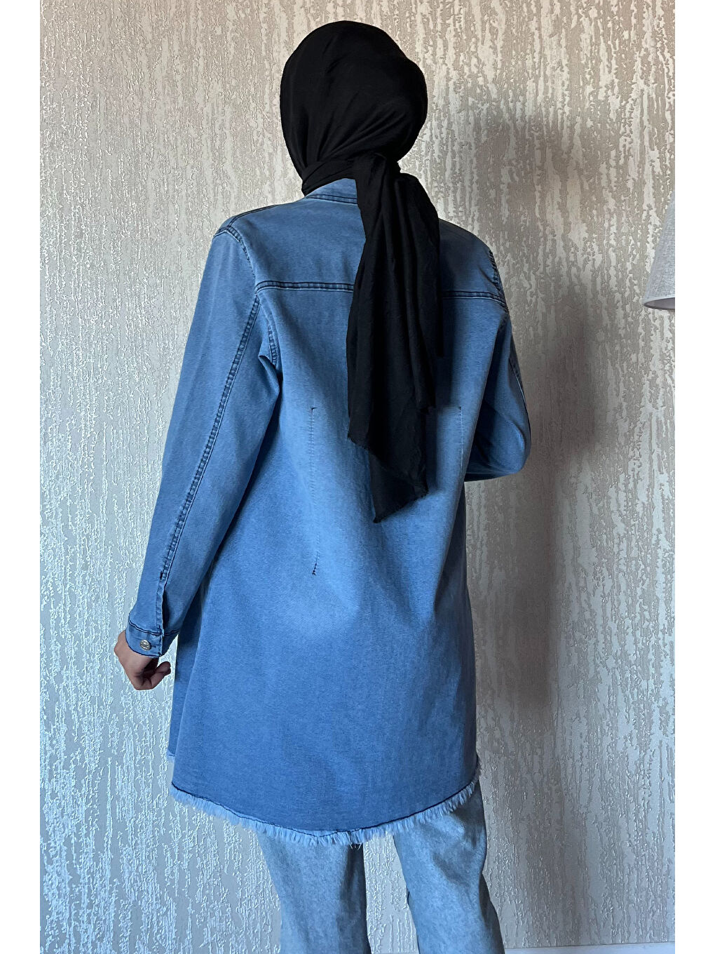 Mavi Püsküllü Büyük Beden Tesettür Jean Ceket-3