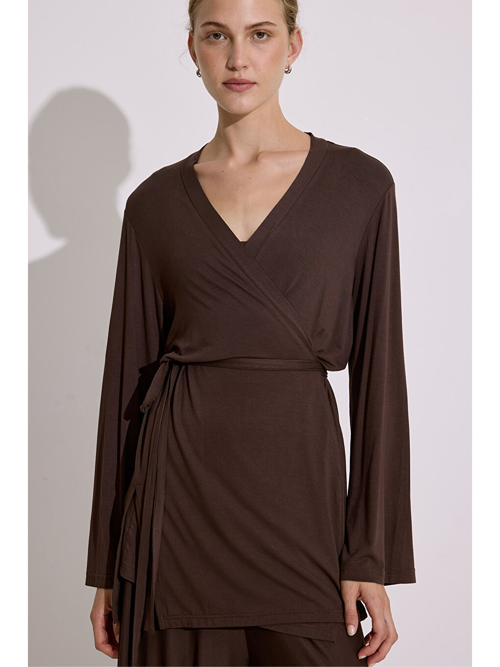 Bağlamalı Dökümlü Kimono Kahverengi-3