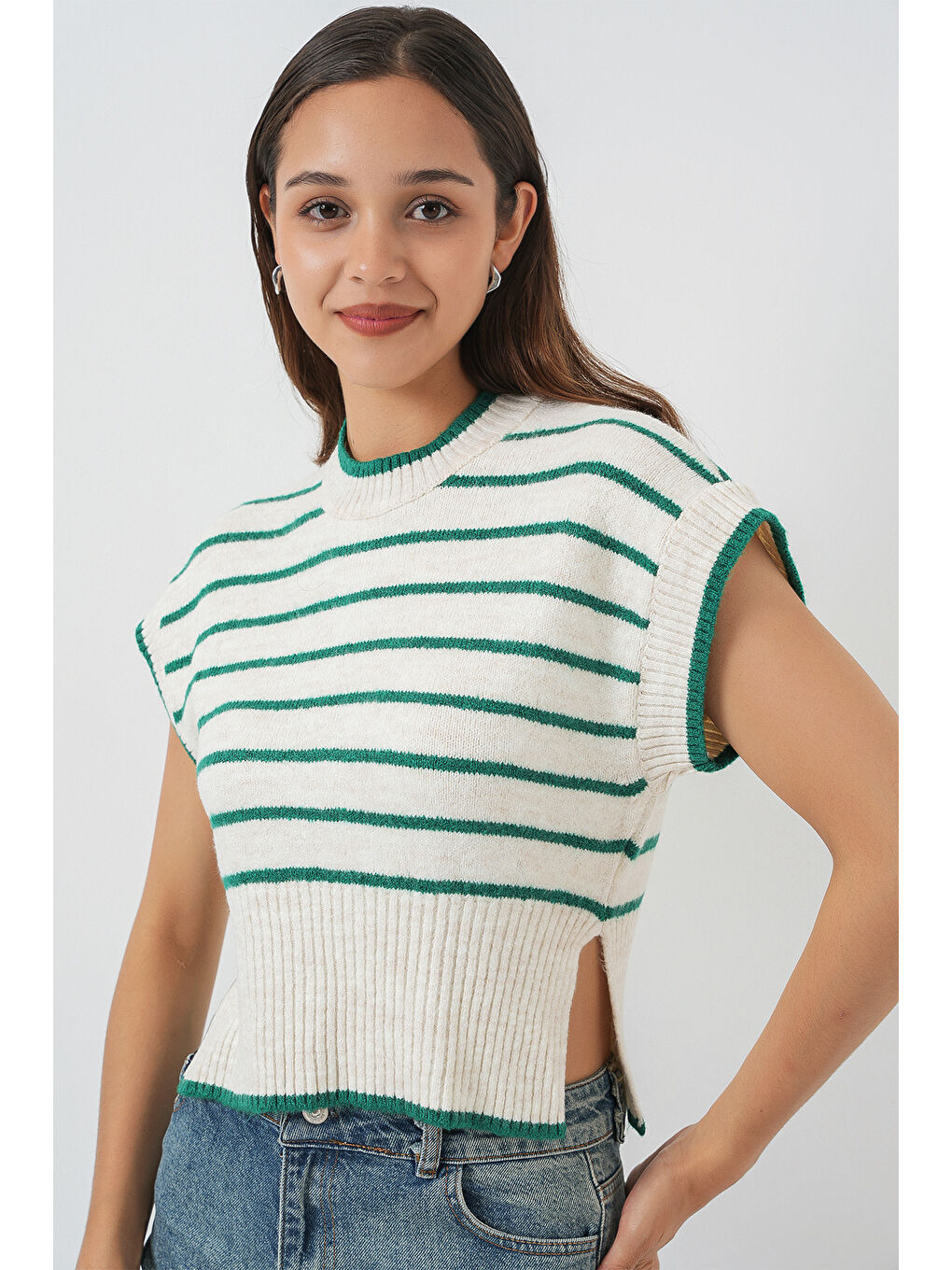 Kadın Çizgili Triko Süveter 15926 - Zümrüt Yeşili-2