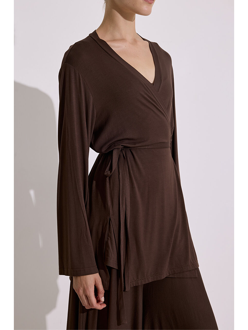 Bağlamalı Dökümlü Kimono Kahverengi-4