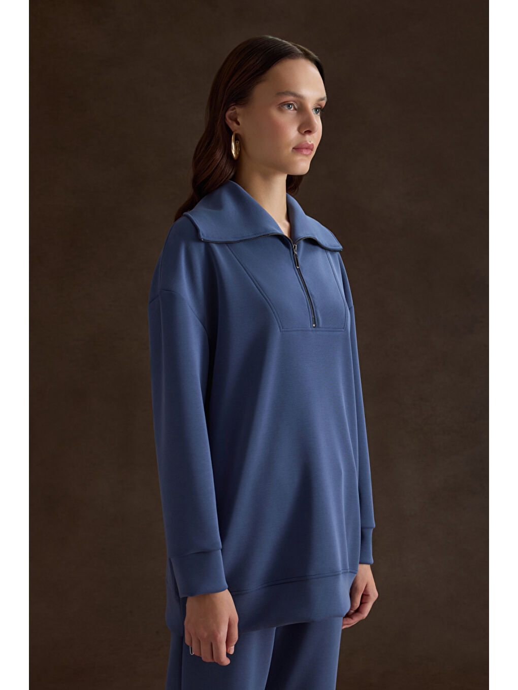Mavi Yakası Ve Yan Yırtmaçları Fermuarlı Modal Sweatshirt-1