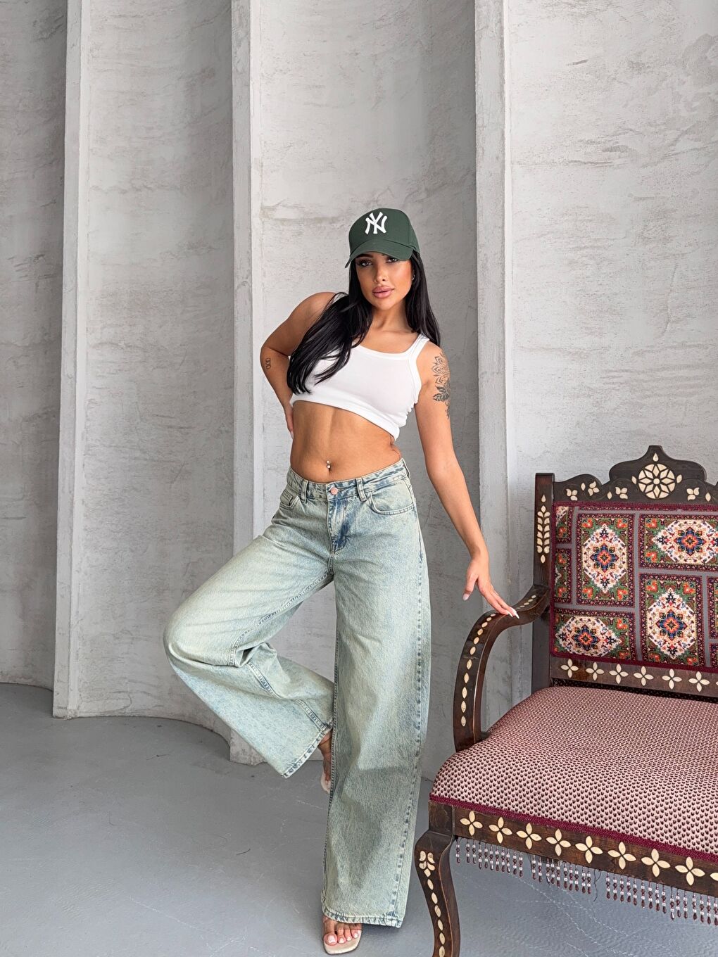 Yüksek Bel Açık Mavi Wide Leg Jean Pantolon-4