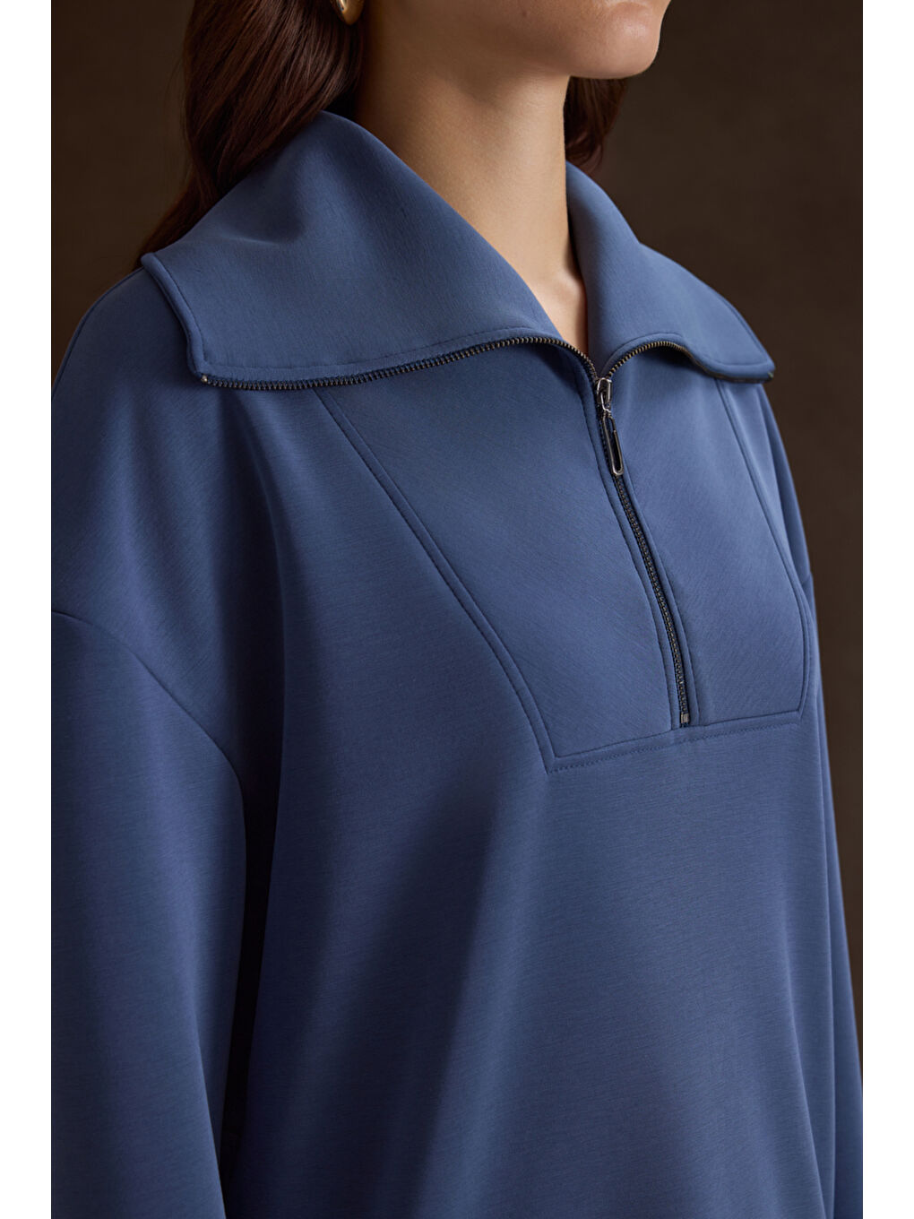 Mavi Yakası Ve Yan Yırtmaçları Fermuarlı Modal Sweatshirt-2