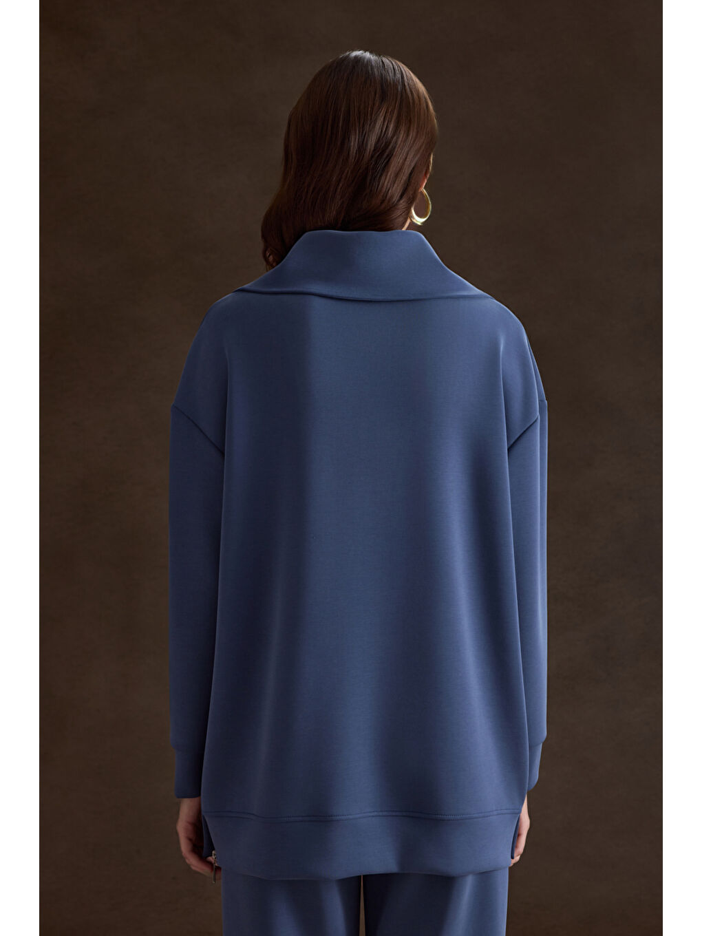 Mavi Yakası Ve Yan Yırtmaçları Fermuarlı Modal Sweatshirt-4