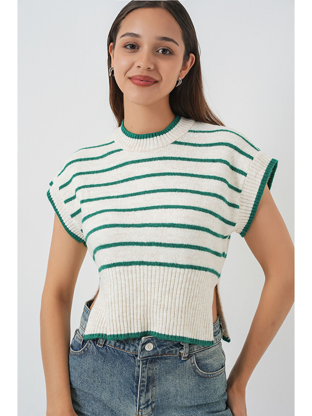 Kadın Çizgili Triko Süveter 15926 - Zümrüt Yeşili-3