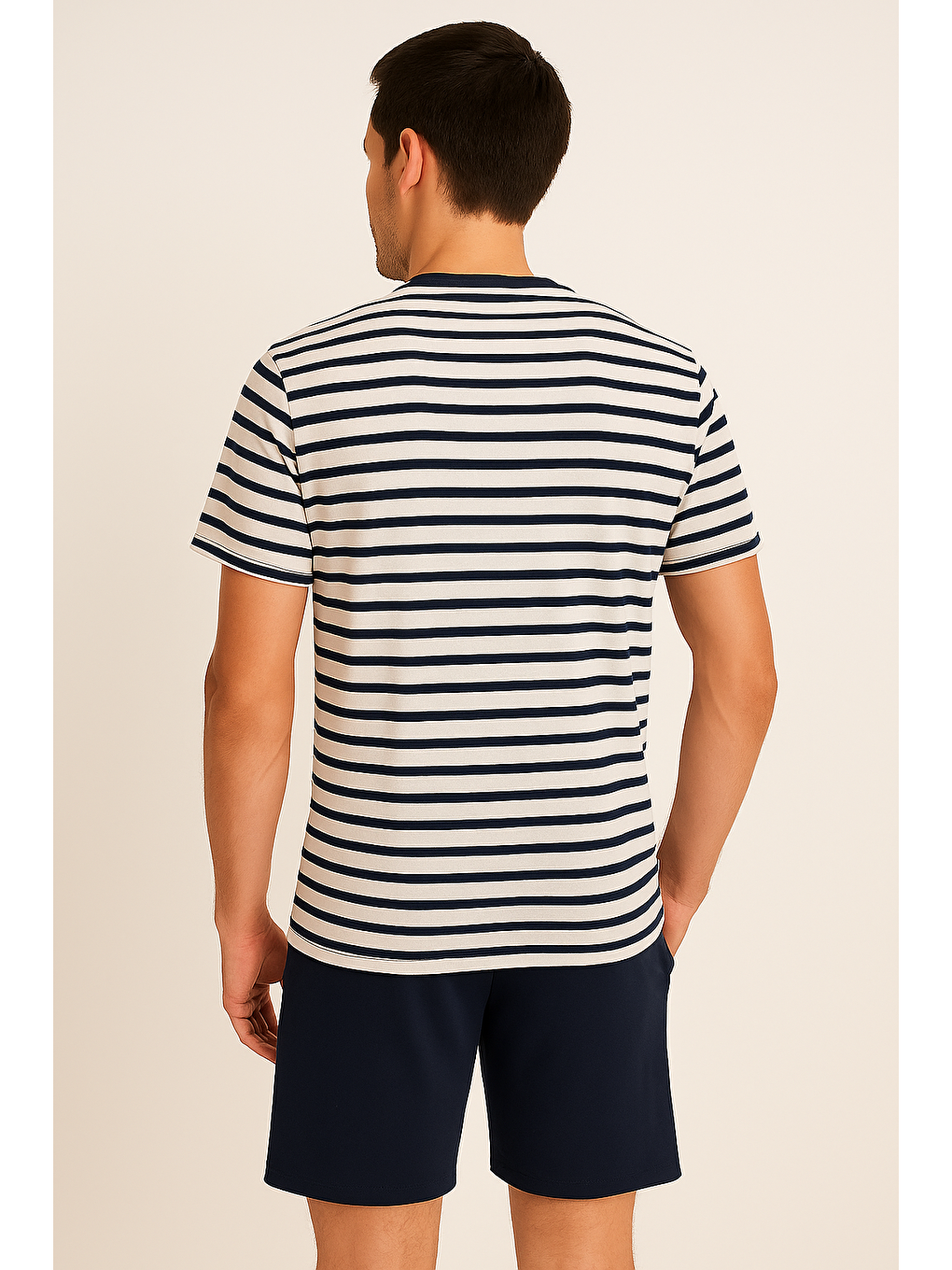 Erkek Pamuklu Lacivert Çizgili Şort Takım-1